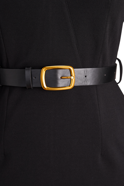 Serena | Refined Black Belted Sheath Dress with Mandarin Collar