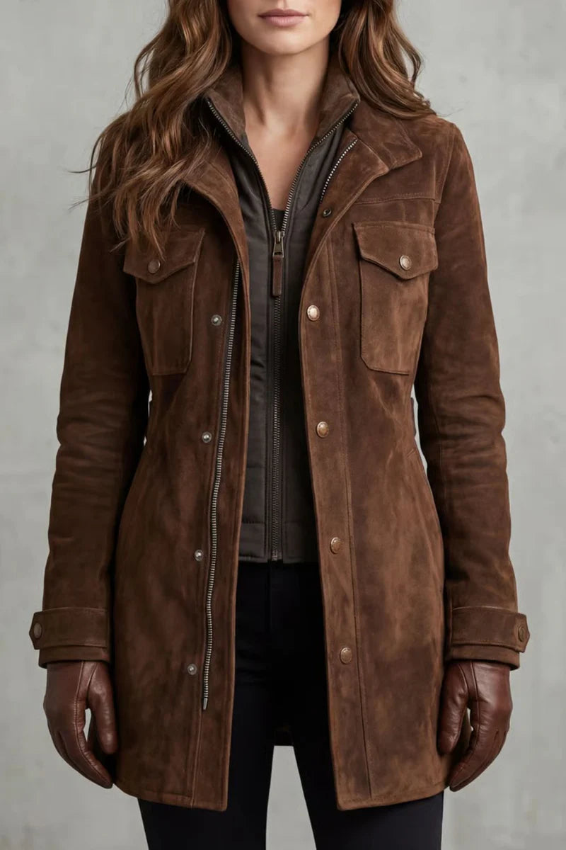 Laura – Elegancki długi płaszcz z zamszowym wykończeniem