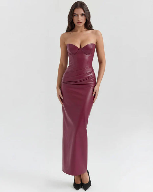 Burgundy Vegan Stretch Leather Strapless Midi Dress