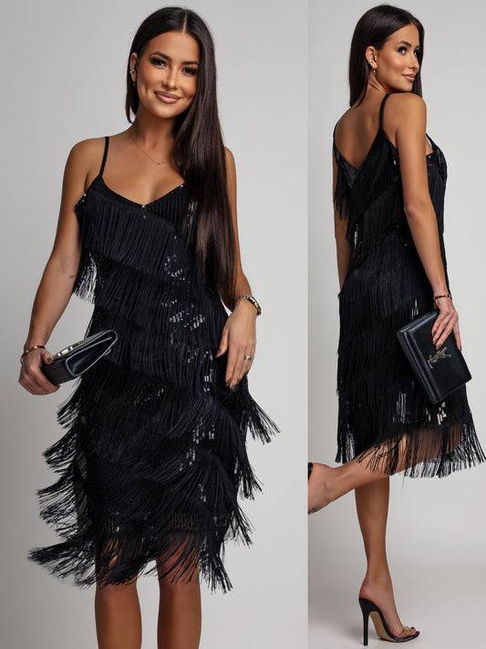 Vestido de noche midi con tirantes y flecos de lentejuelas para mujer