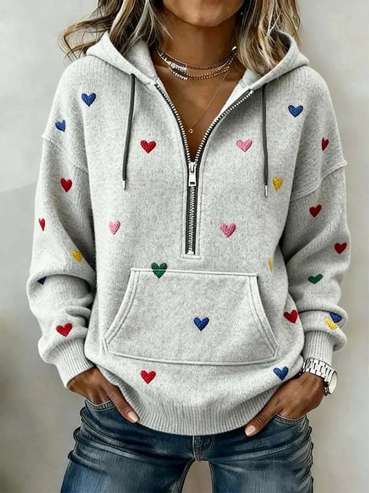Damski luźny sweter z kapturem i haftowanym wzorem w serca
