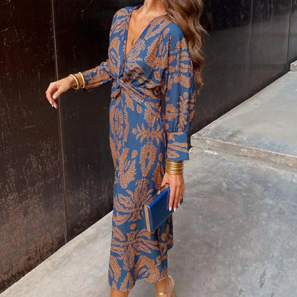 Sophia | Vintage Printed V-Neck Long-sleeve Elegant Dress