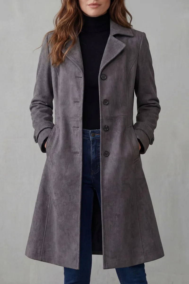 Delvienne – długi płaszcz zamszowy vintage