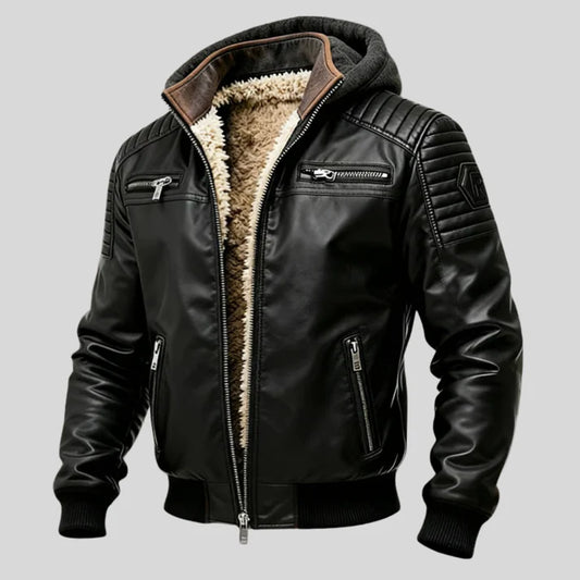 Elegancka pikowana kurtka skórzana męska z podszewką sherpa
