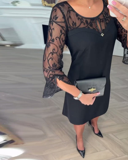 Irena | Elegancka Czarna Sukienka z Koronkowymi Rękawami