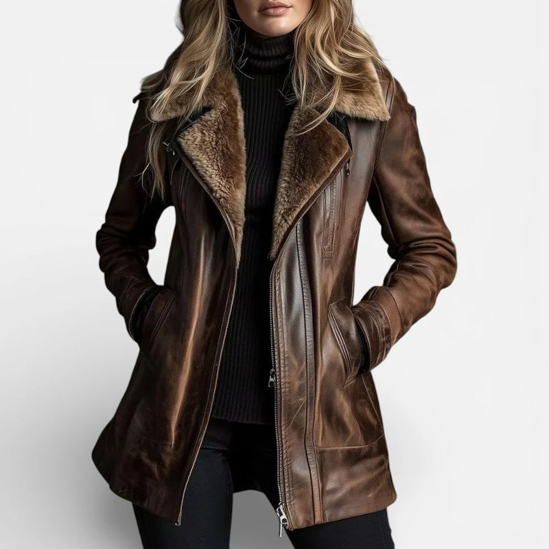 Zofia – Elegancka kurtka o wyglądzie skóry z futrzanym kołnierzem