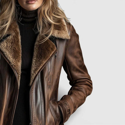 Zofia – Elegancka kurtka o wyglądzie skóry z futrzanym kołnierzem